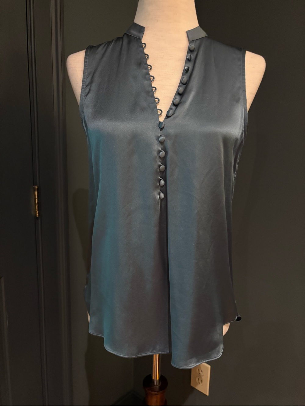 GO BY GO SILK Sleeveless Satin V-Neck Top in Slate Blue